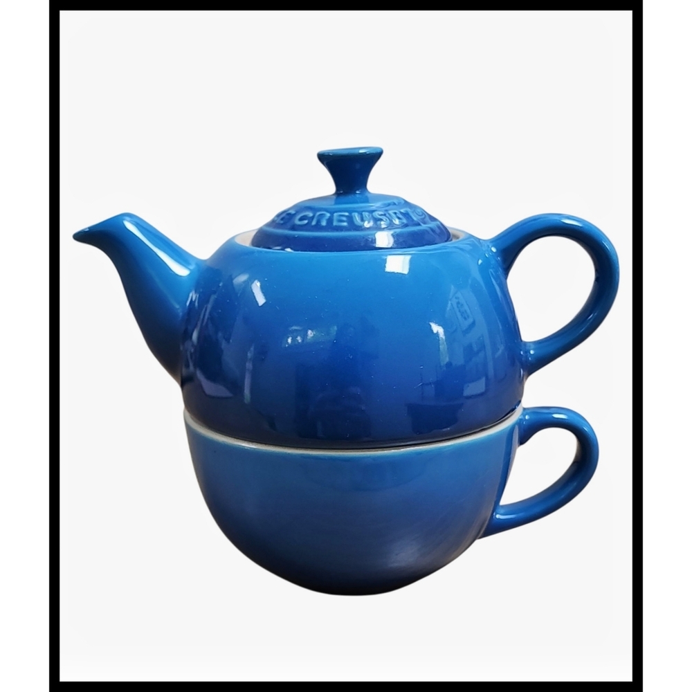 LE CREUSET 3 Piece Tea For One Teapot Cup Lid Set 10oz Stoneware Marseille Blue - Picture 9 of 10